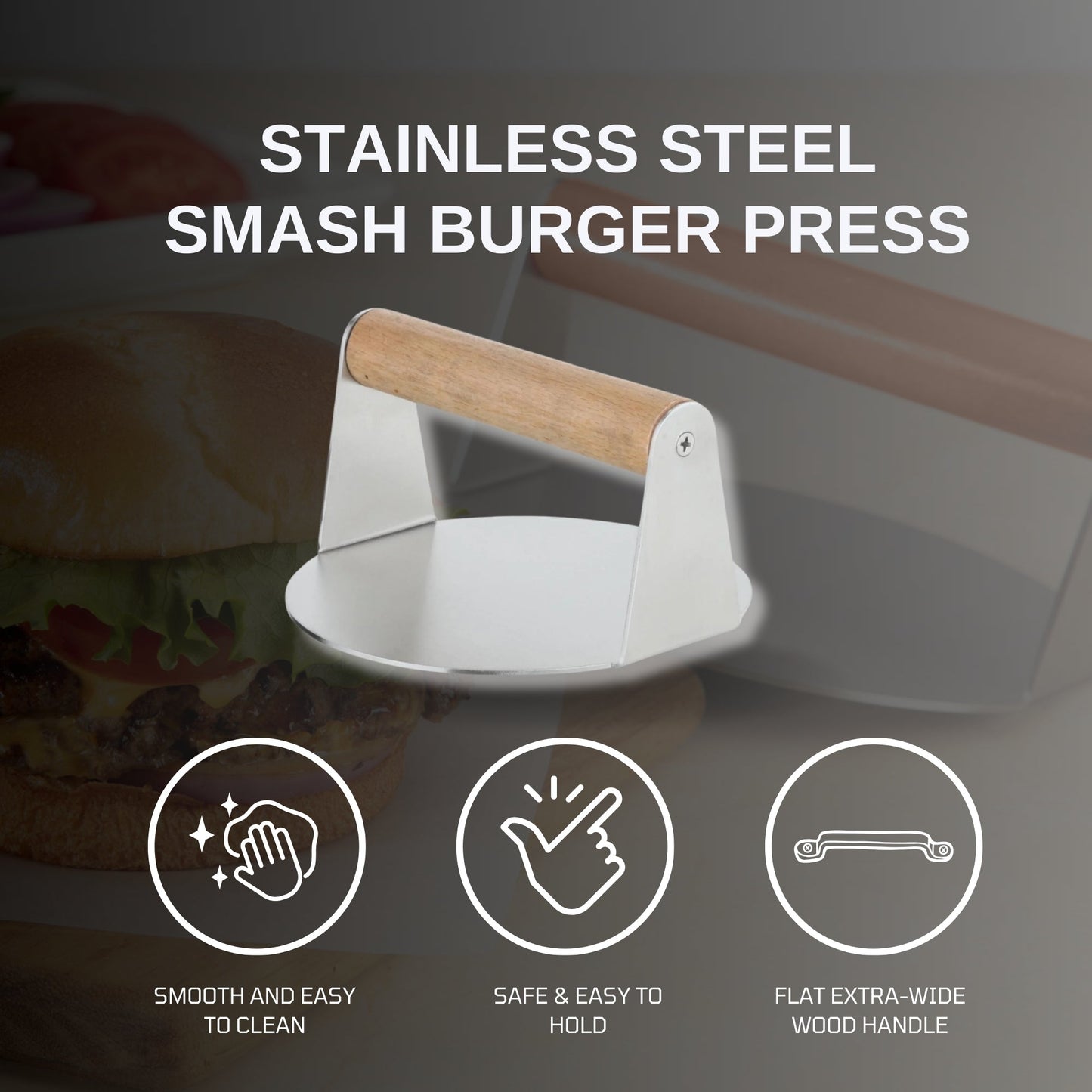 Extra Wide Stainless Steel Burger Smasher | Food - Grade Round Smasher with Wooden Handle - Youlander