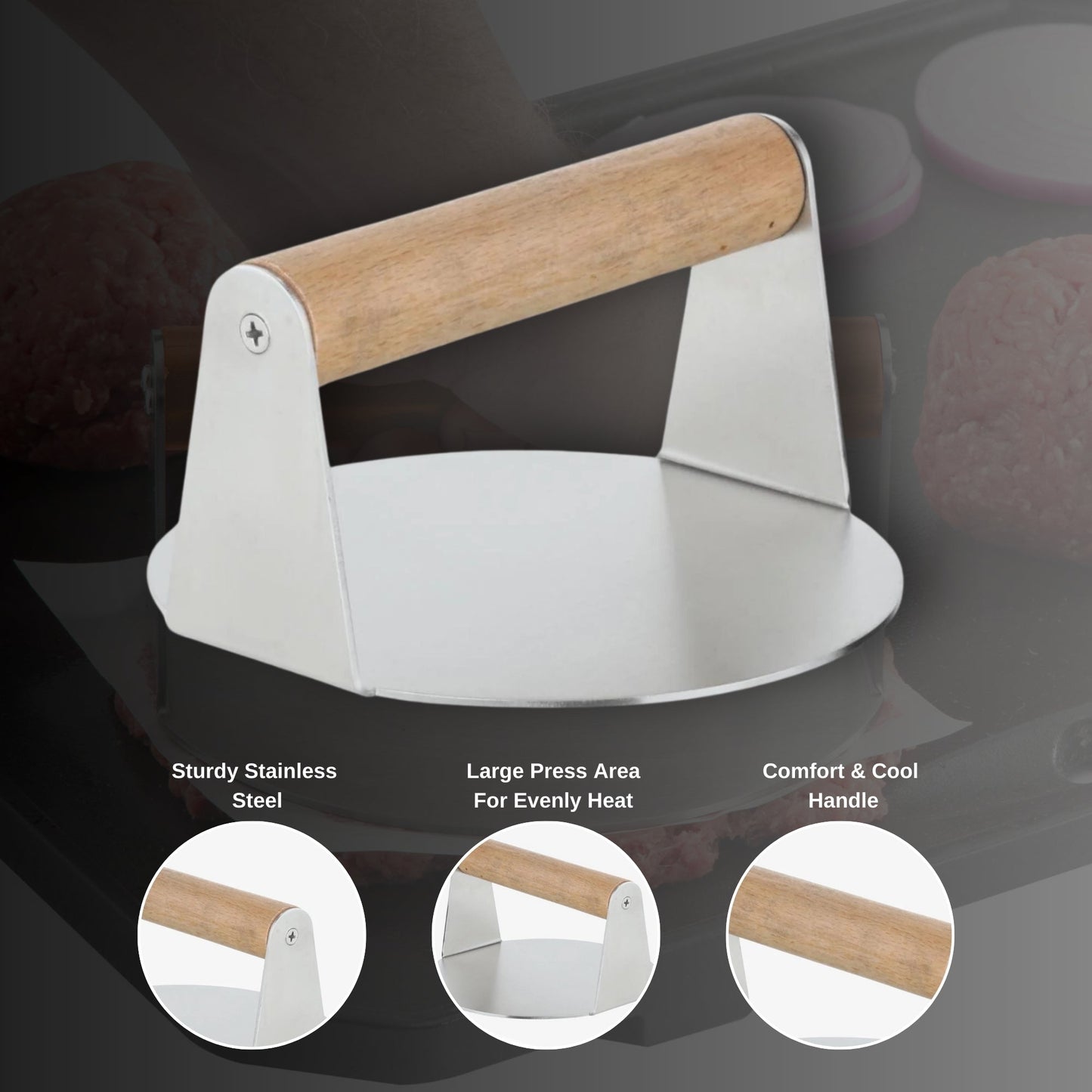 Extra Wide Stainless Steel Burger Smasher | Food - Grade Round Smasher with Wooden Handle - Youlander